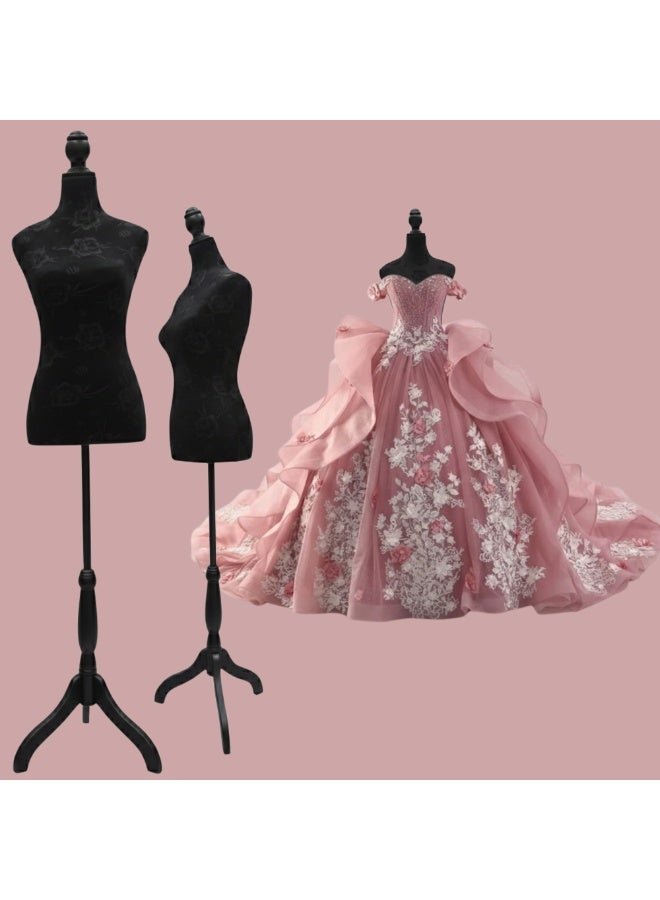 أورتوك مانيكان نسائي قابل للتعديل لعرض الفساتين – جذع مخملي أسود بنقشة زهور مع حامل ثلاثي القوائم أسود – ارتفاع قابل للتعديل حتى 178 سم، مثالي للخياطة وتصميم الملابس وعرض المجوهرات. - Image 3